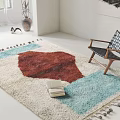 Square Area Rug With Beige Red Blue Color Block Design Tasseled Edges And Accent Chair
