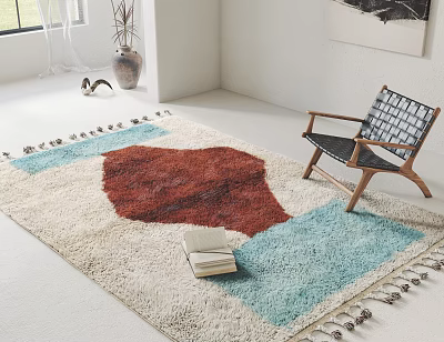 Square Area Rug With Beige Red Blue Color Block Design Tasseled Edges And Accent Chair 3d model