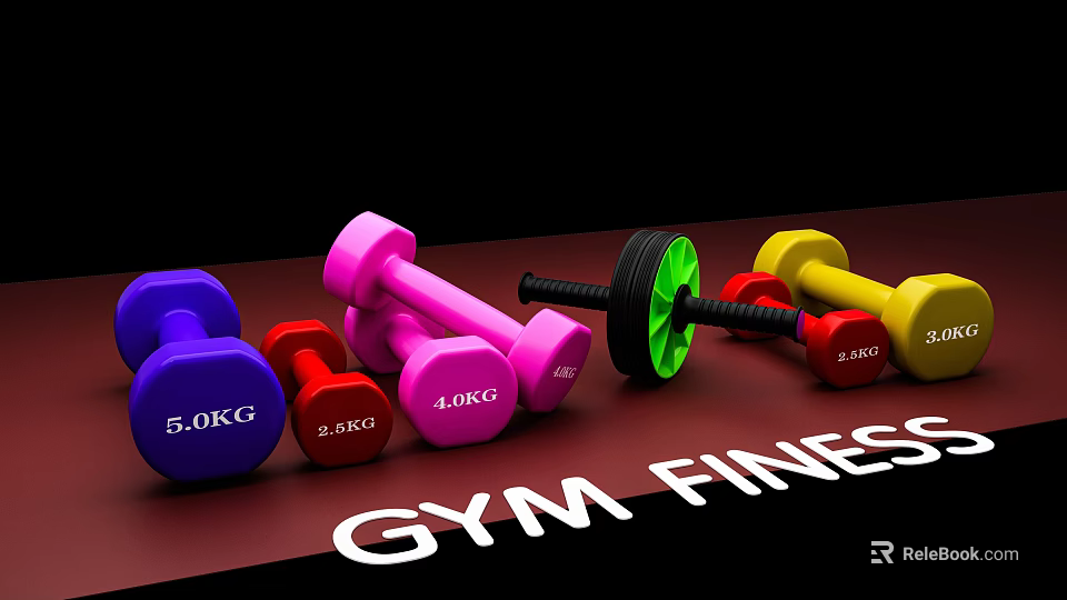 Gym Fitness Equipment With Colorful Dumbbells Ab Roller And Weight Markings 3d model 
