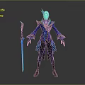 Fantasy Character And Mythical Creature With Blue Gold Armor Feathered Details And Glowing Sword