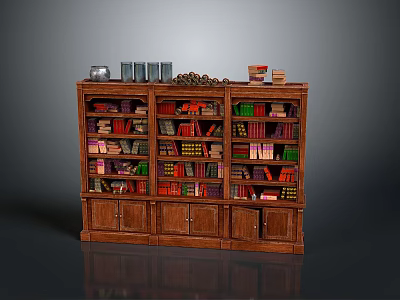 Classic Wooden Bookcase With Multiple Shelves Filled With Colorful Books And Decorative Items 3d model