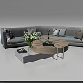 Gray Sectional Sofa With Pillows And Round Coffee Table With Flowers Books 3d model