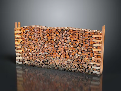 Neatly Stacked Firewood Pile on Wooden Rack with Gray Background 3d model