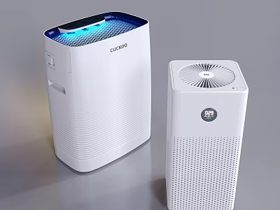 Two White Air Purifiers With Blue Light And Mesh Design For Home Use 3d model