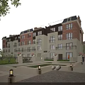Multi story Townhouse With Red Brick Exterior Light Colored Walls And Landscaped Garden
