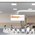 Kindergarten Indoor Environment With Children Teachers White Yellow Chairs Tables Light Walls And Ceiling Lights