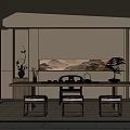 Japanese Style Tea Room Interior With Long Wooden Table Chairs And Wall Landscape Painting