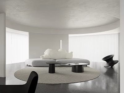 Modern Living and Dining Room With Curved Ceiling Large Windows Grey Sofa And White Walls 3d model
