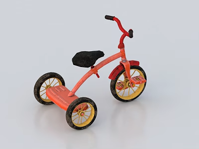 Classic Red Children's Tricycle With Black Seat And Yellow Spoke Wheels 3d model