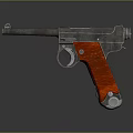 Vintage Style Metallic Pistol With Red Textured Grip And Shiny Detailed Body