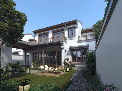 Chinese Style Detached Villa With Courtyard Lawn Outdoor Chairs Trees And Lanterns 3d model