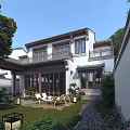 Chinese Style Detached Villa With Courtyard Lawn Outdoor Chairs Trees And Lanterns