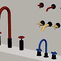 Red Yellow Blue Curved Faucets With Knob Handles On White Countertop And Wall