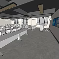 Modern School Classroom With Neatly Arranged White Desks Black Ceiling Beams Hanging Lights And Windows