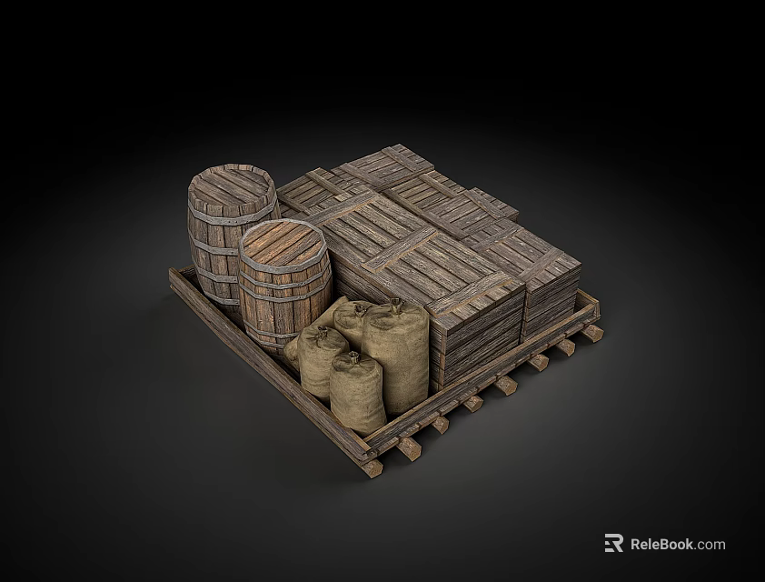 Vintage Wooden Cargo Boxes With Sacks Barrels On Wooden Pallet 3d model 