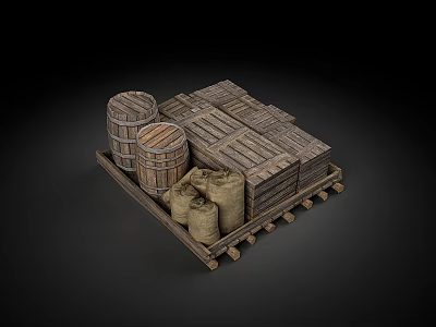 Vintage Wooden Cargo Boxes With Sacks Barrels On Wooden Pallet 3d model