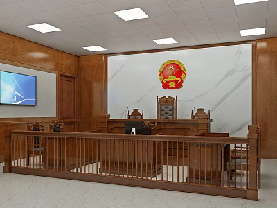Courtroom Interior Design With Wooden Judge's Bench Emblem On Marble Wall Screen And Ceiling Lights 3d model