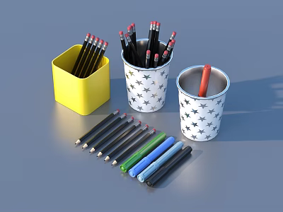 Colorful Stationery Organizers With Yellow Square And Star Patterned Pen Holders And Colored Pencils 3d model