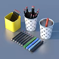 Colorful Stationery Organizers With Yellow Square And Star Patterned Pen Holders And Colored Pencils
