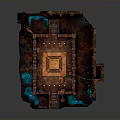 3D Game Scene Model With Square Central Area Stone Walls Stairs Flags And Blue Water
