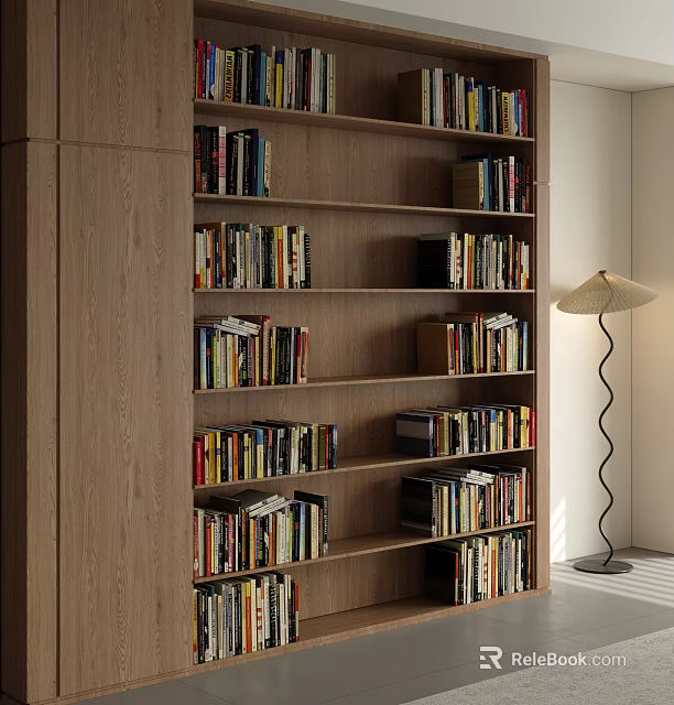Modern Wooden Bookcase With Multiple Shelves Filled With Books And Floor Lamp 3d model 