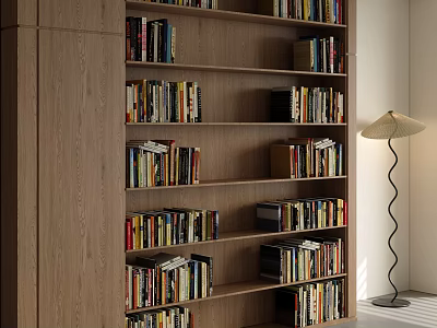 Modern Wooden Bookcase With Multiple Shelves Filled With Books And Floor Lamp 3d model