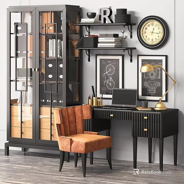 Stylish Black Desk with Laptop Brass Lamp and Orange Chair Near Bookshelf and Framed Artwork 3d model 