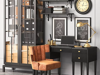 Stylish Black Desk with Laptop Brass Lamp and Orange Chair Near Bookshelf and Framed Artwork 3d model