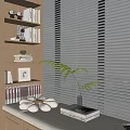 Window Side Decorative Cabinet Featuring Books Photo Frame Cushion Blinds Green Plant And Laptop