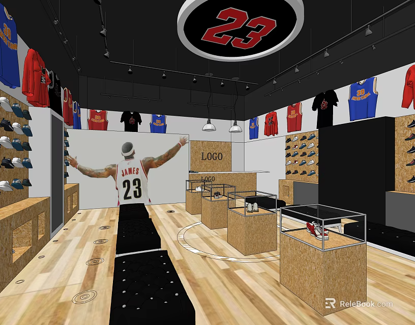 Sports Apparel Store Interior With 23 Logo Jerseys And Sneakers 3d model 