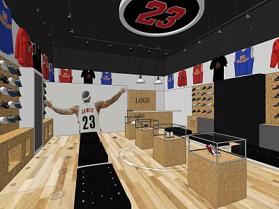 Sports Apparel Store Interior With 23 Logo Jerseys And Sneakers 3d model