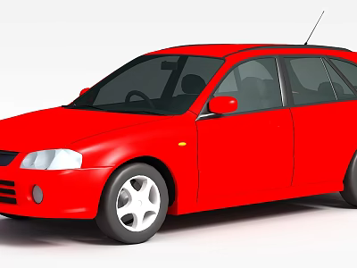Red Hatchback Car With Black Windows Silver Wheels And Roof Antenna 3d model