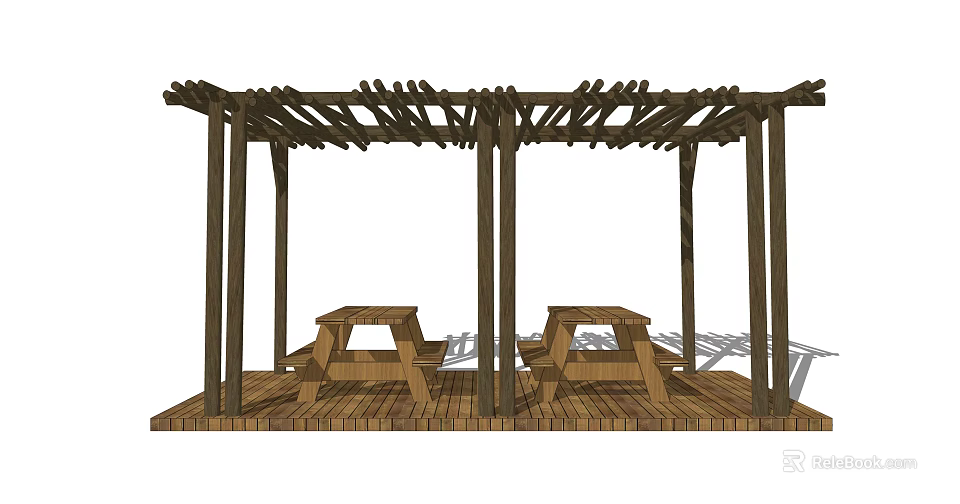 Wooden Pergola Structure With Picnic Tables And Latticed Roof On Deck 3d model 
