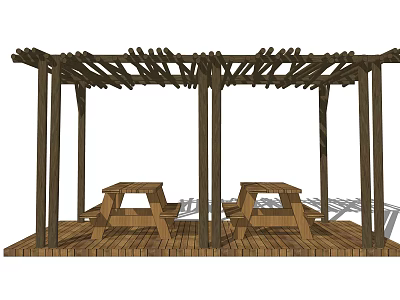 Wooden Pergola Structure With Picnic Tables And Latticed Roof On Deck 3d model