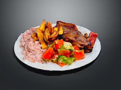Delicious Grilled Ribs With Crispy Fries Rice And Fresh Tomato Salad 3d model