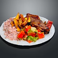 Delicious Grilled Ribs With Crispy Fries Rice And Fresh Tomato Salad