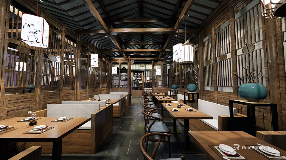 Traditional Chinese Style Restaurant With Wooden Decor Hanging Lanterns Long Tables And Benches 3d model 