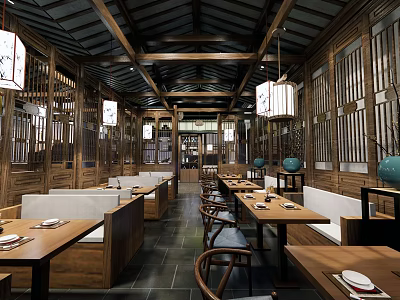 Traditional Chinese Style Restaurant With Wooden Decor Hanging Lanterns Long Tables And Benches 3d model