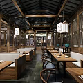 Traditional Chinese Style Restaurant With Wooden Decor Hanging Lanterns Long Tables And Benches