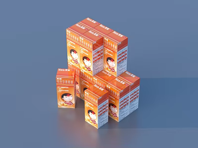 Orange Packaging Boxes of Household Products with Female Portrait and Text in Stacked Arrangement 3d model