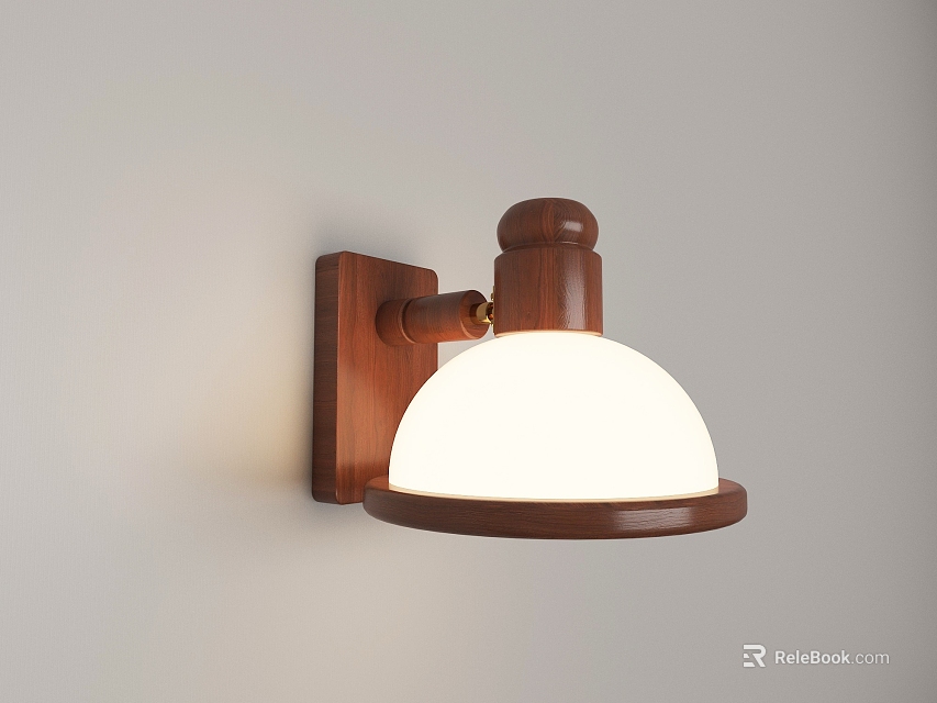 Wooden Wall Sconce Mounted On White Wall With Illuminated White Dome Lampshade 3d model 