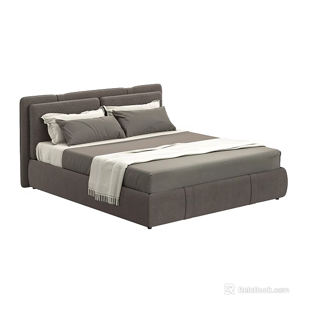 Modern Gray Upholstered Double Bed With Headboard Pillows And Throw Blanket 3d model 