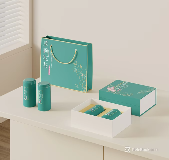 Elegant Green Tea Set Gift Box With Jasmine Tea Tins And Packaging 3d model 