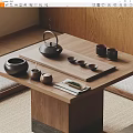 Japanese Style Tea Set With Teapot Teacups Tray And Caddies On Wooden Table