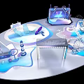 Contemporary Art Installation With Geometric Structures Blue Lighting And Transparent Elements