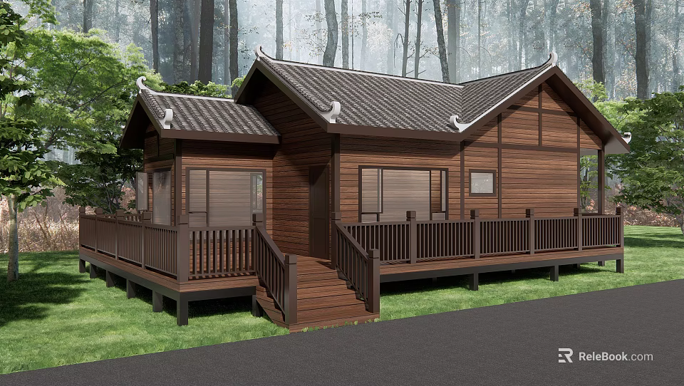 Traditional Detached Villa With Wooden Structure Classic Roof Forest Surroundings Deck Steps Green Lawn 3d model 