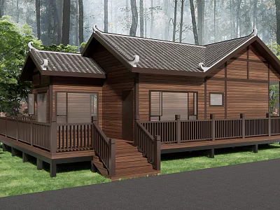 Traditional Detached Villa With Wooden Structure Classic Roof Forest Surroundings Deck Steps Green Lawn 3d model