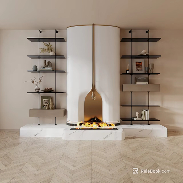 Modern Elegant Entryway Design With White Cylindrical Fireplace Black Metal Shelves And Herringbone Flooring 3d model 