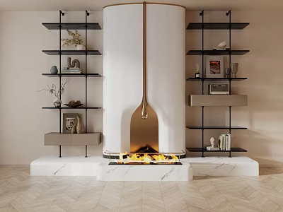 Modern Elegant Entryway Design With White Cylindrical Fireplace Black Metal Shelves And Herringbone Flooring 3d model