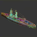 Detailed Warship Model With Gray Hull Red Bottom Deck Turrets And Masts